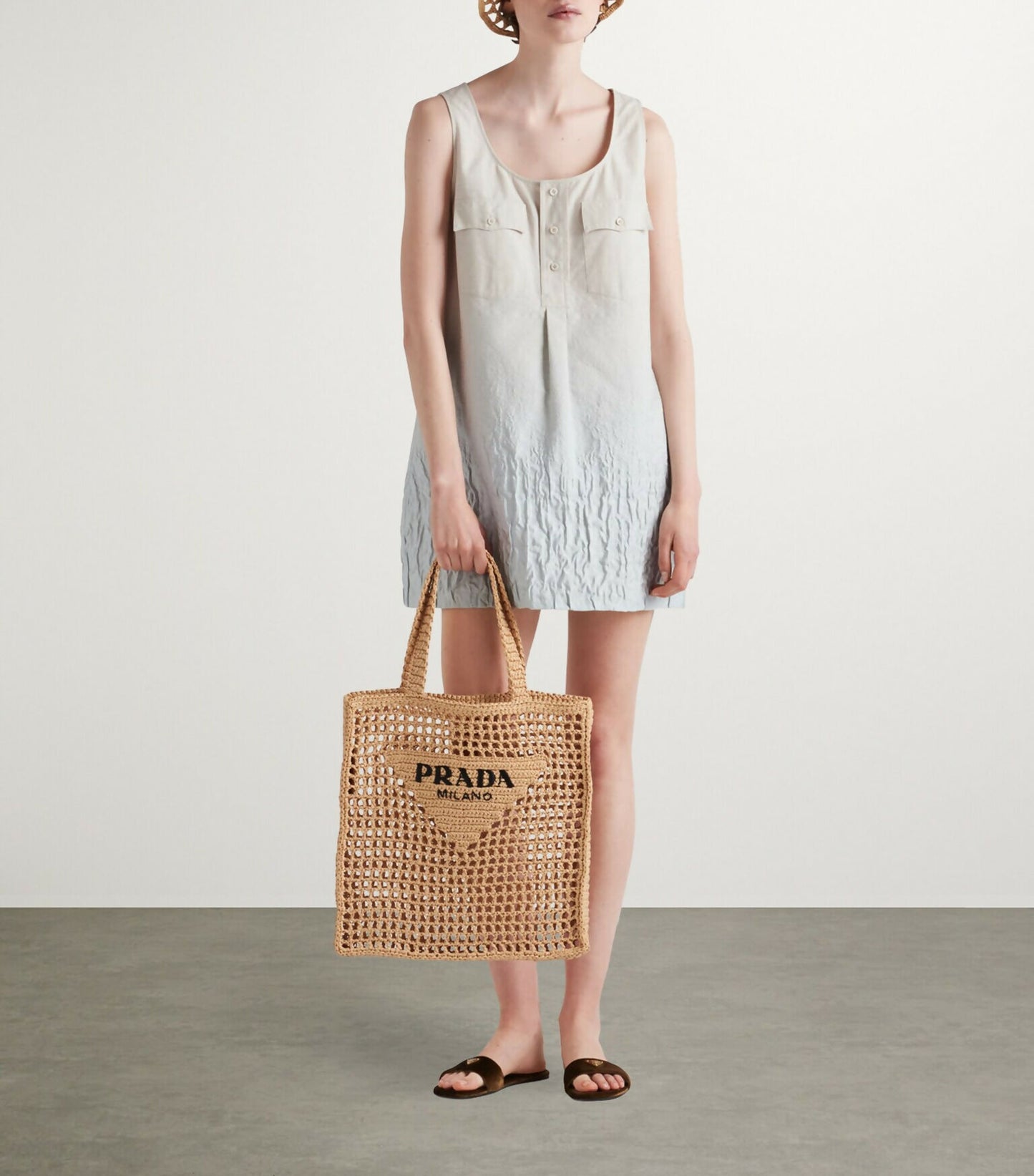 Prada Small Raffia-Effect Crochet Shopper