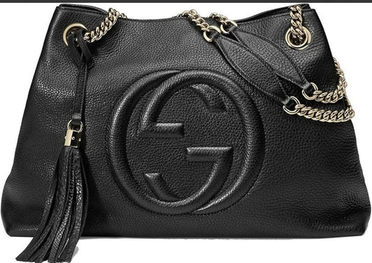 Gucci Soho Medium Black Leather Chain Shoulder Bag Tote