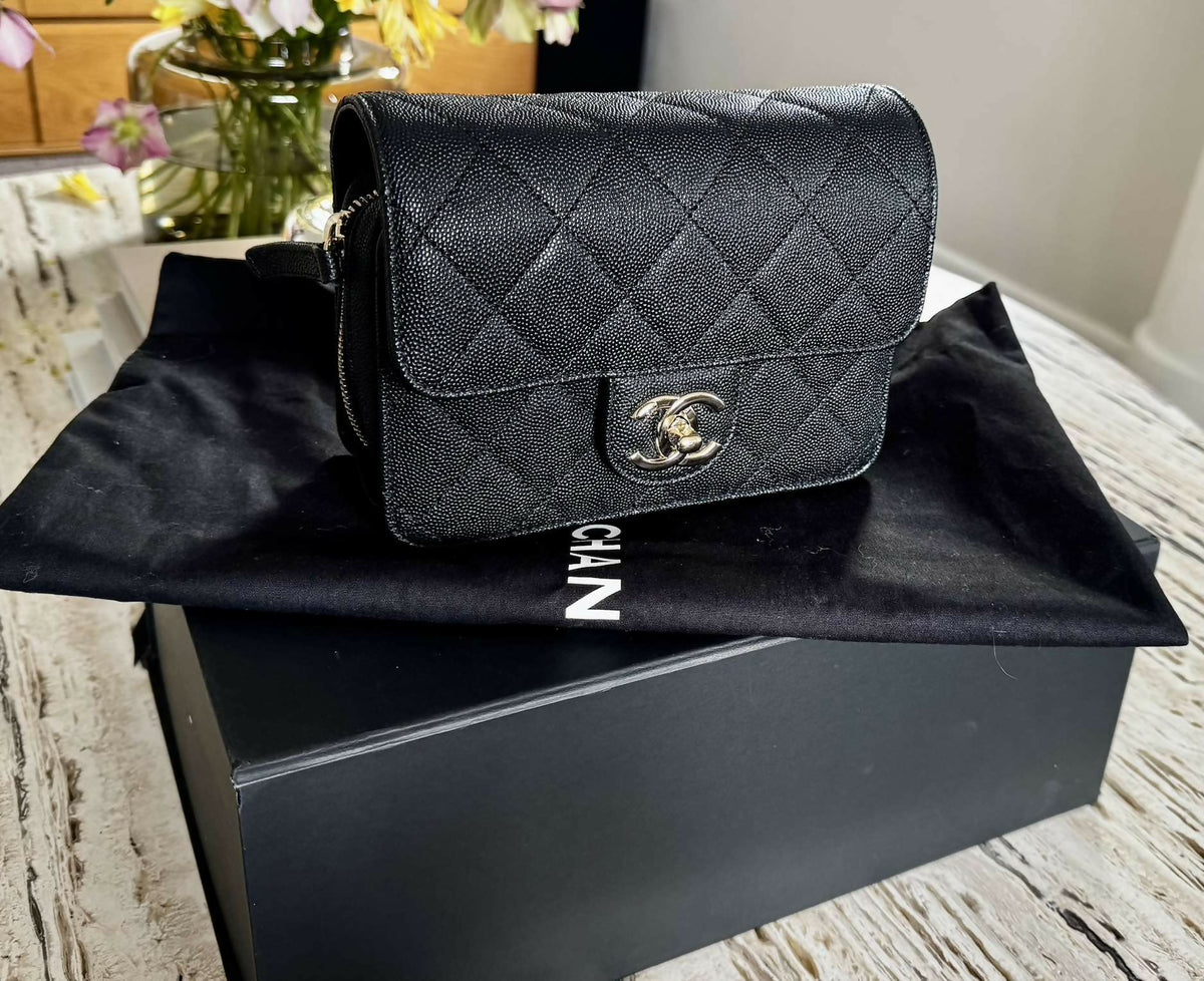 Chanel 22C Caviar Zip Mini Flap Bag Black
