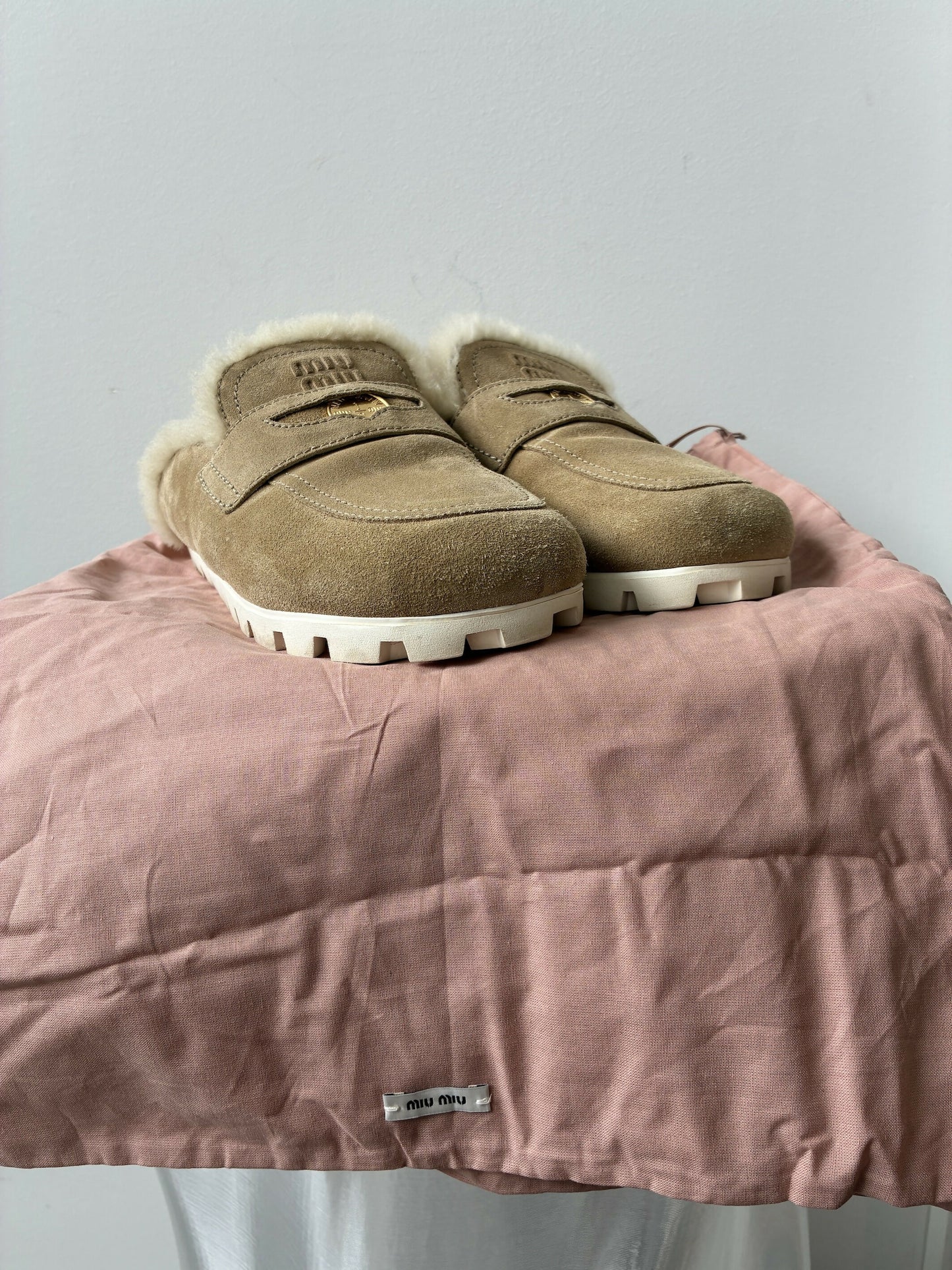 Miu Miu Shearling-Lined Suede Mules