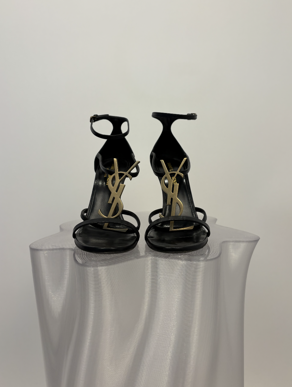 Saint Laurent Cassandra Leather Sandals with Gold-Tone YSL Monogram