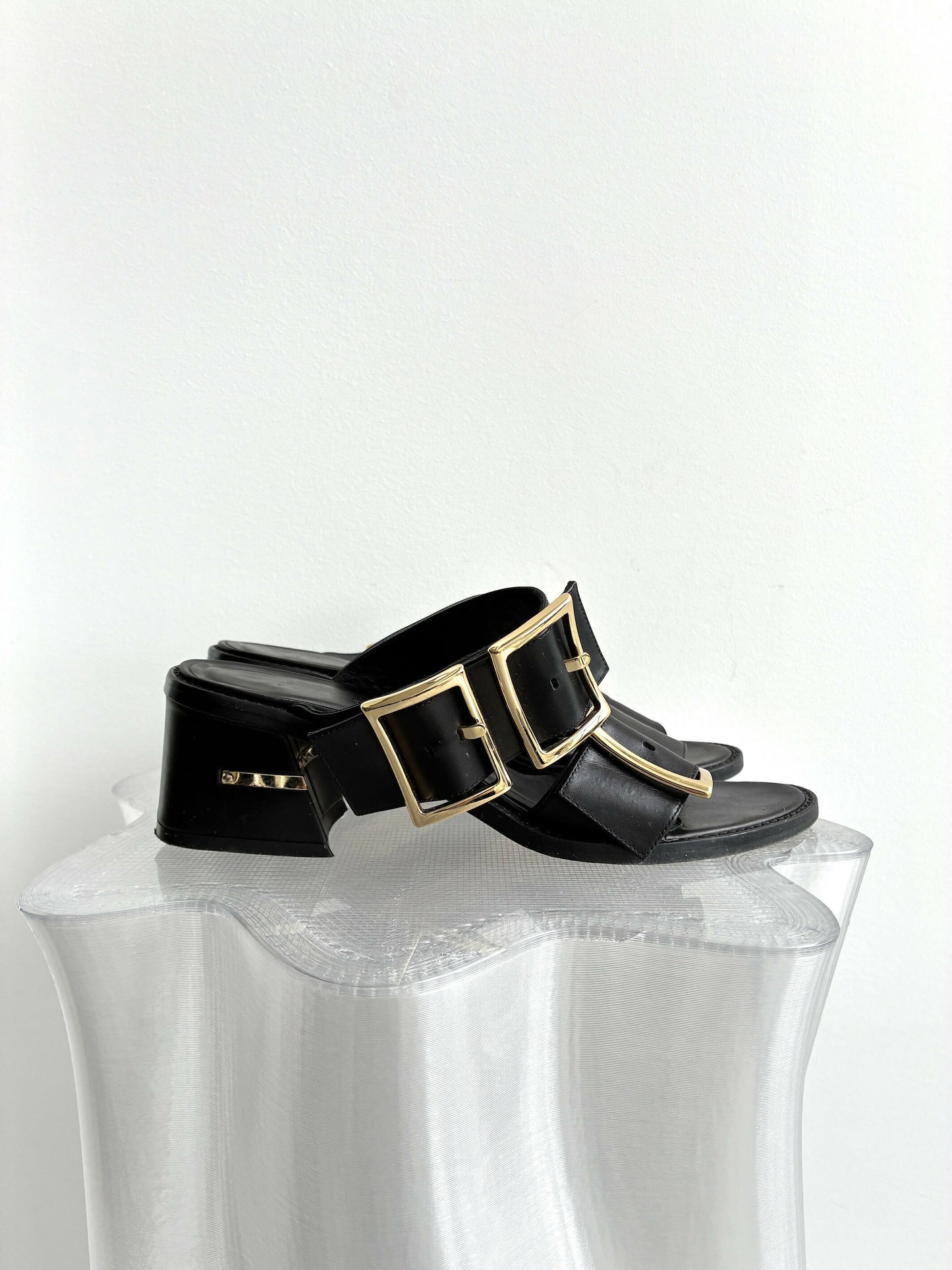 Tibi Big Buckle Leather Heeled Slides