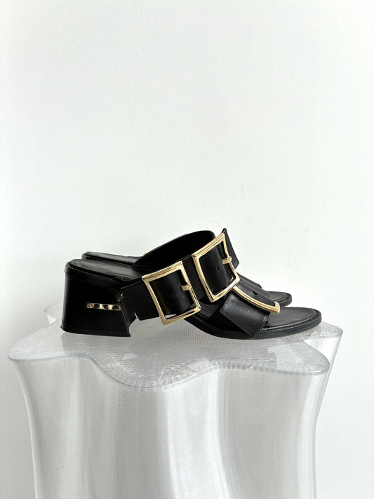 Tibi Big Buckle Leather Heeled Slides
