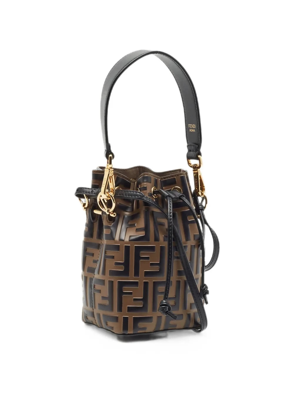 Fendi Mon Tresor Mini FF Embossed Leather Bucket Bag Black/Brown Gold Hardware