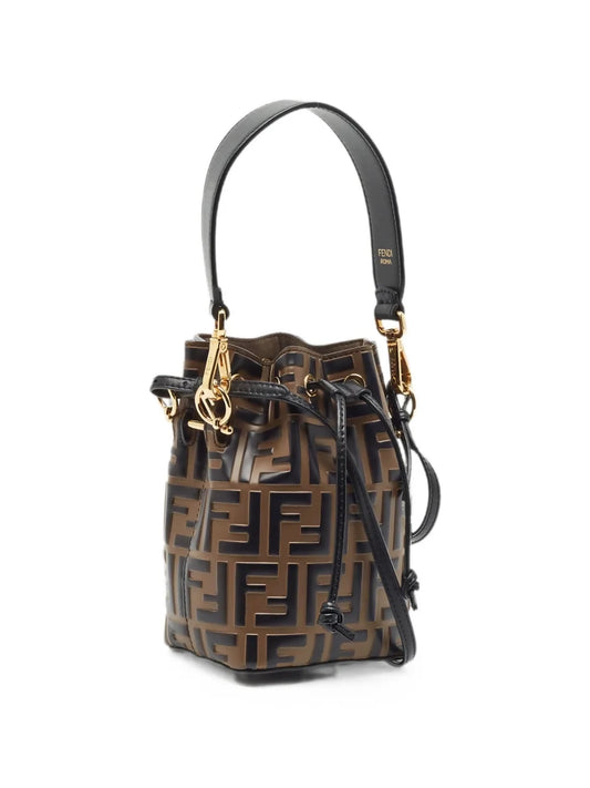 Fendi Mon Tresor Mini FF Embossed Leather Bucket Bag Black/Brown Gold Hardware