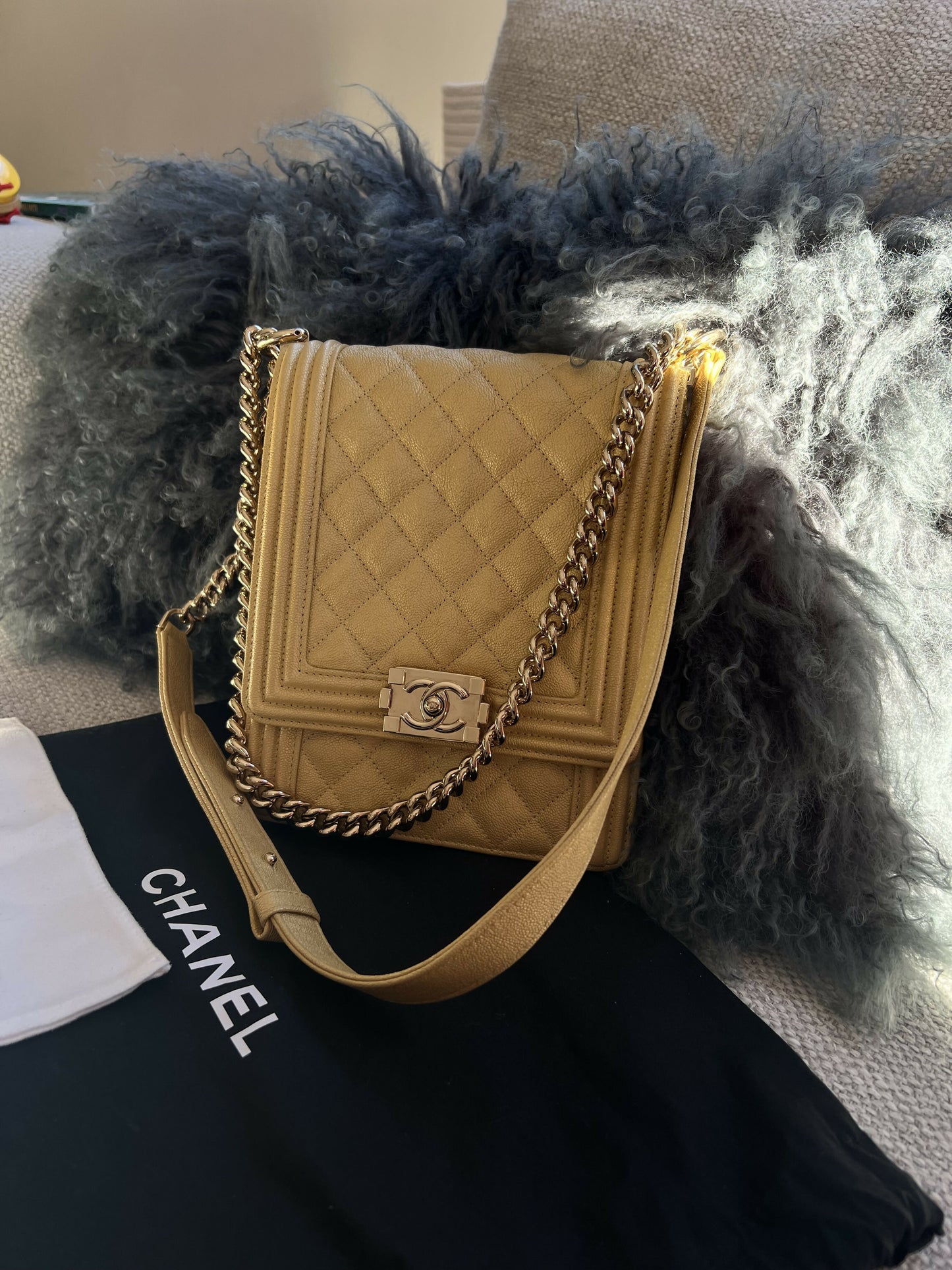 Chanel Boy North South Flap Bag – Beige/Light Yellow Caviar Leather