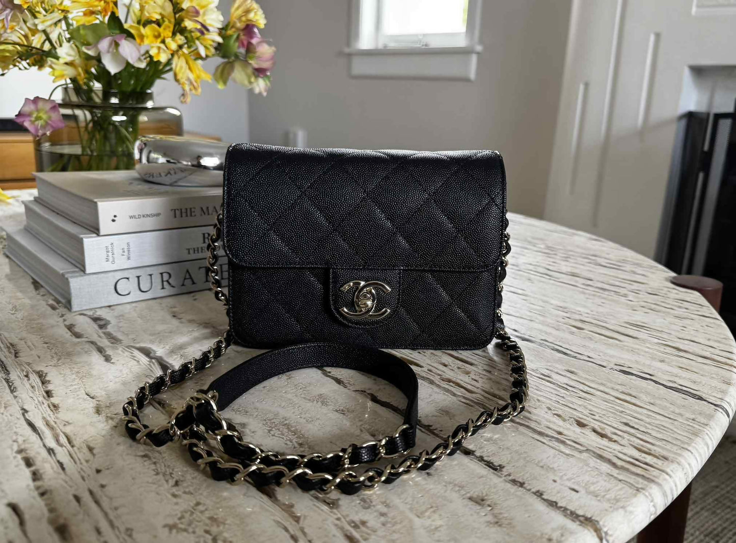 Chanel 22C Caviar Zip Mini Flap Bag Black