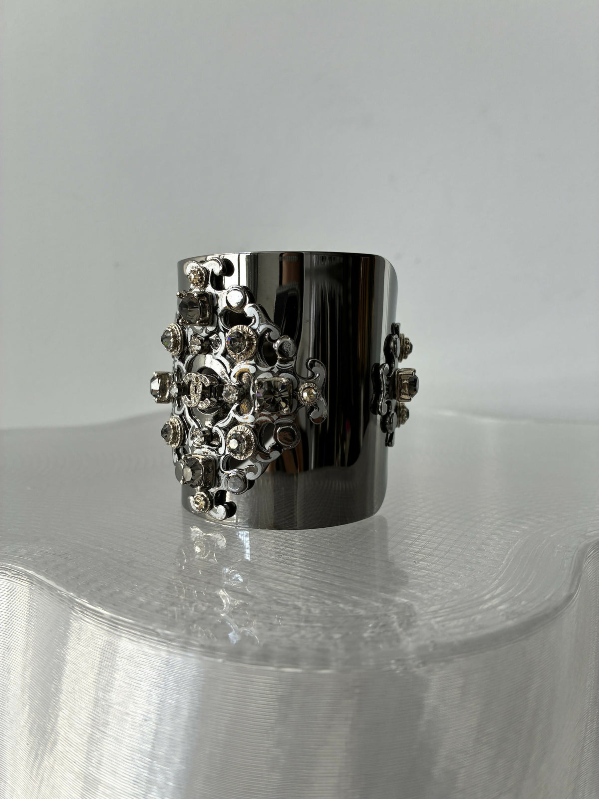 Chanel Silver-Tone CC Cuff Bracelet with Crystals