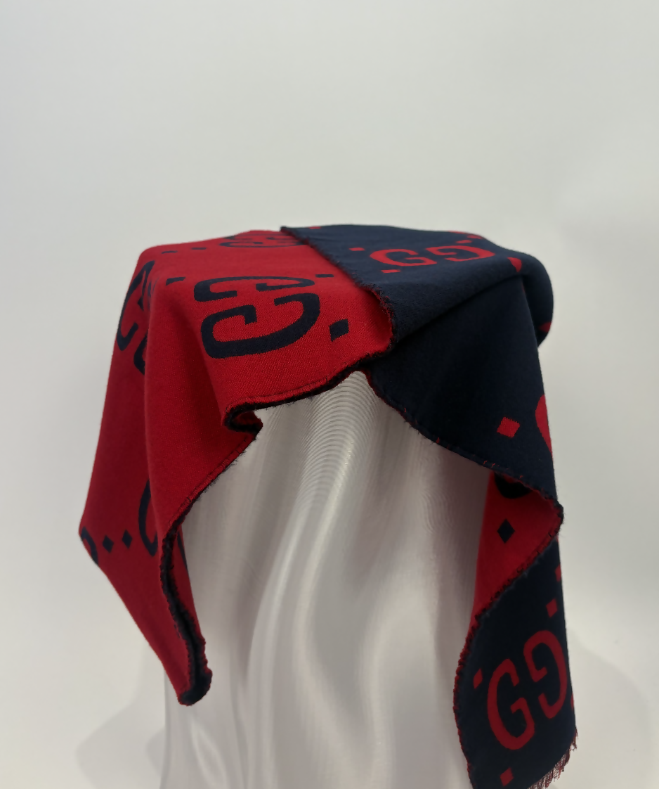 Gucci GG Jacquard Wool Silk Scarf – Red/Navy (Reversible)