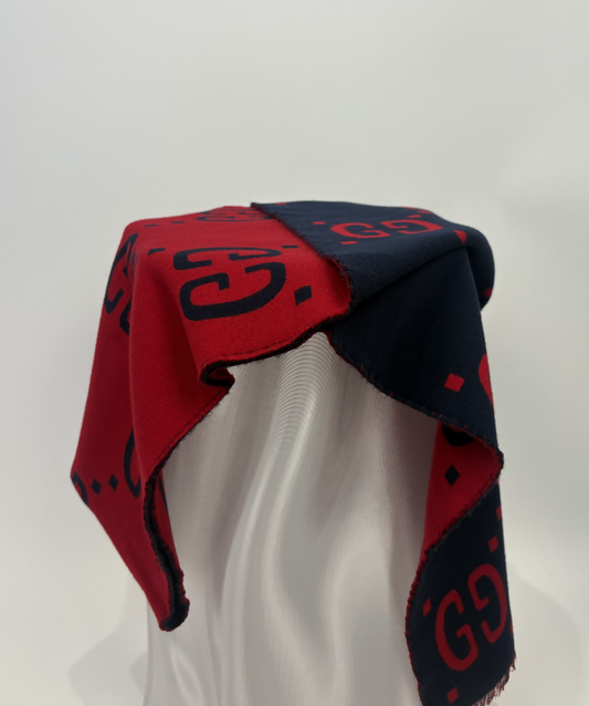 Gucci GG Jacquard Wool Silk Scarf – Red/Navy (Reversible)