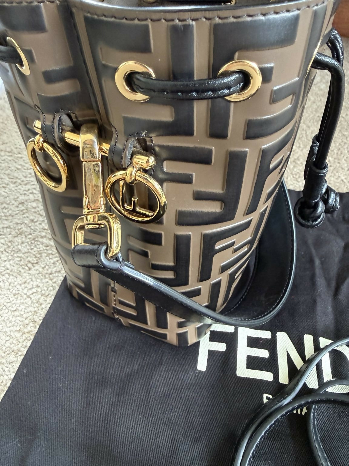 Fendi Mon Tresor Mini FF Embossed Leather Bucket Bag Black/Brown Gold Hardware