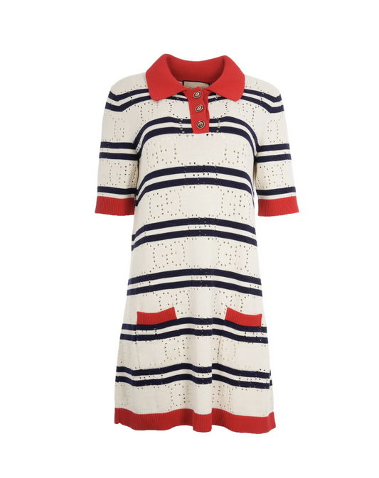 GUCCI WHITE AND NAVY STRIPED COTTON KNITTED DRESS