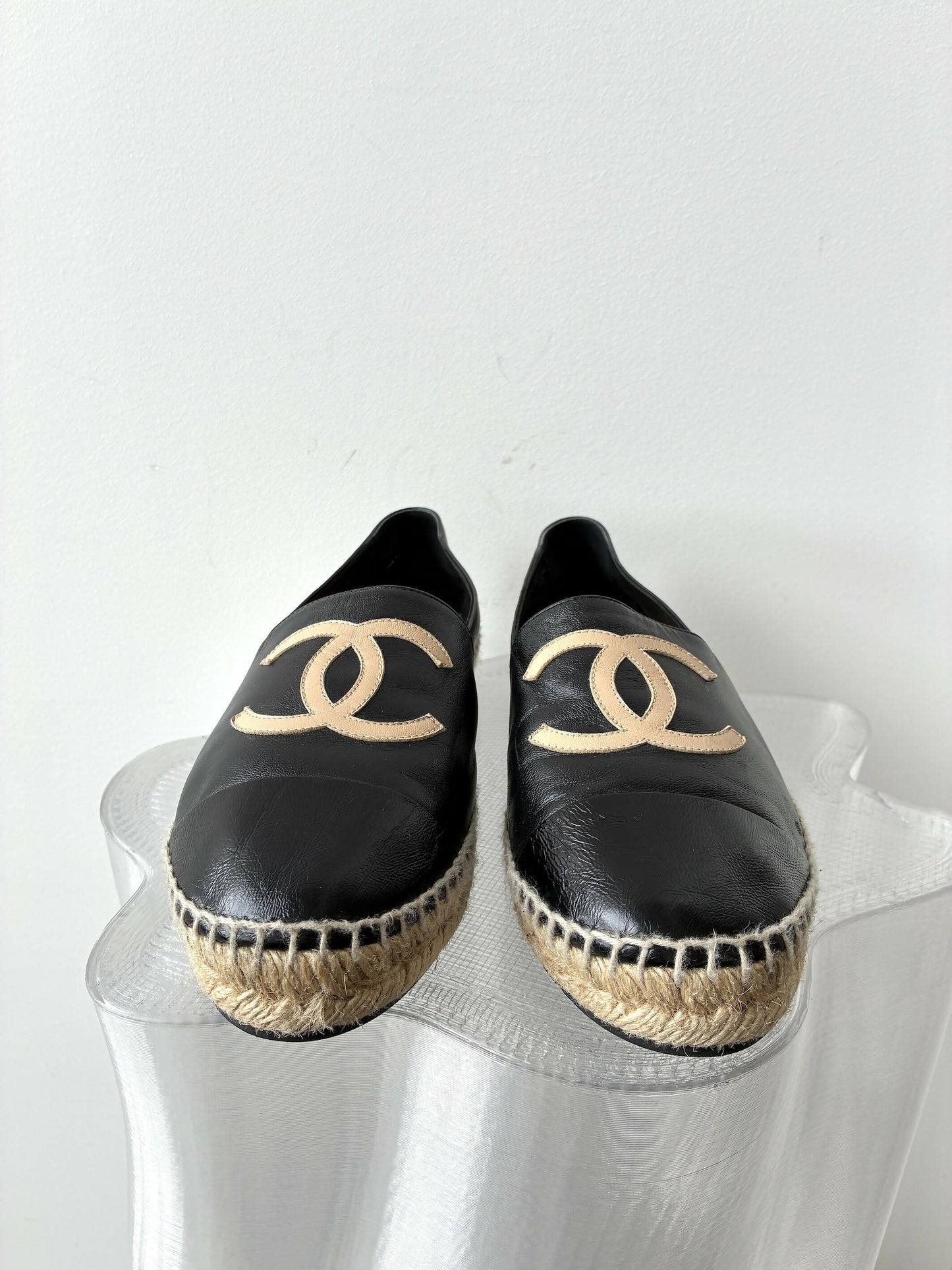 Chanel Black/Cream Leather CC Espadrilles