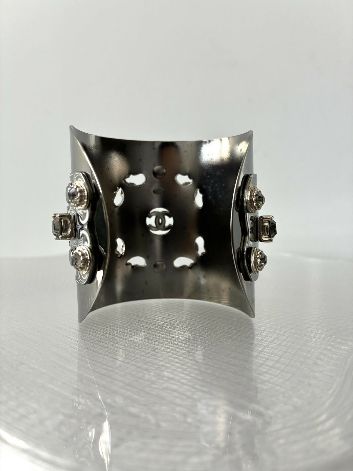 Chanel Silver-Tone CC Cuff Bracelet with Crystals