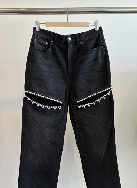 Area Crystal Slit Jeans in Black Denim