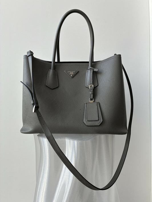 Prada Medium Saffiano Cuir Double Bag in Grey Leather