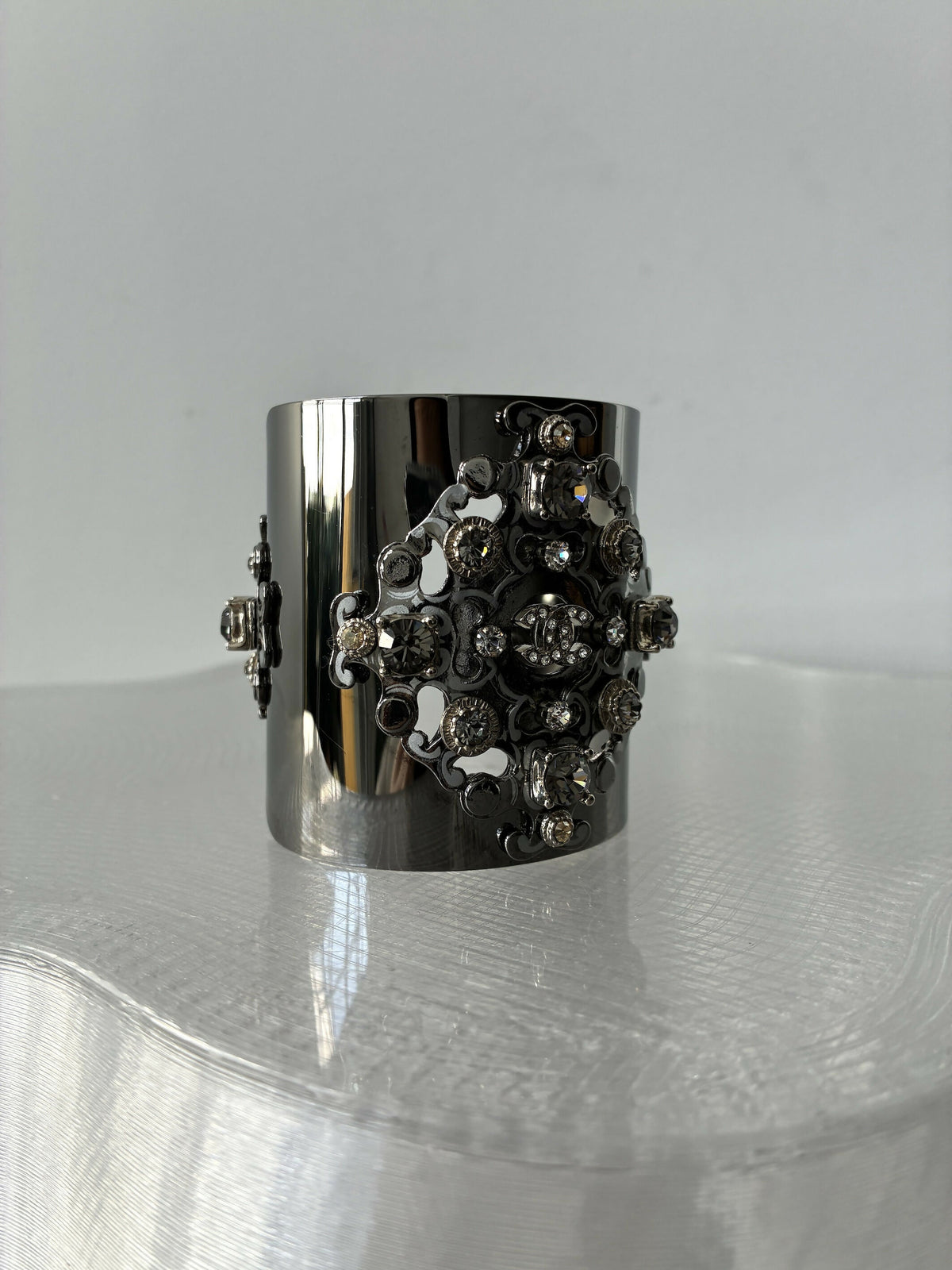 Chanel Silver-Tone CC Cuff Bracelet with Crystals