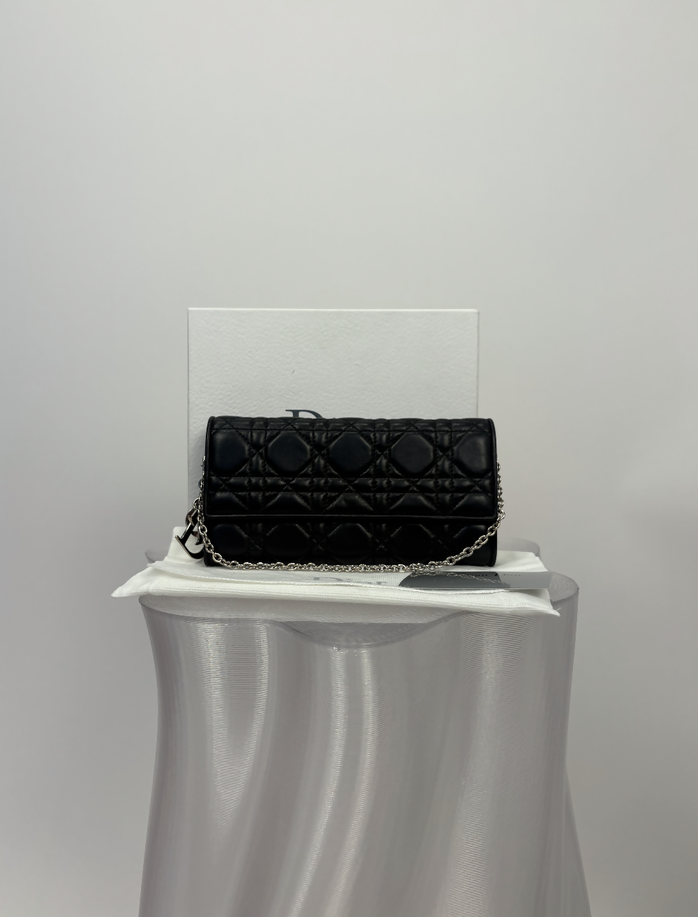 Christian Dior Lady Dior Voyageur Wallet on Chain in Black Lambskin - FULL SET