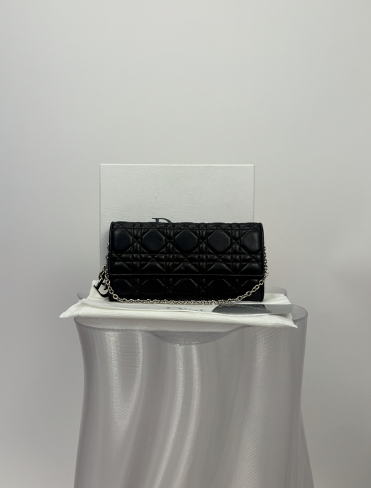 Christian Dior Lady Dior Voyageur Wallet on Chain in Black Lambskin - FULL SET