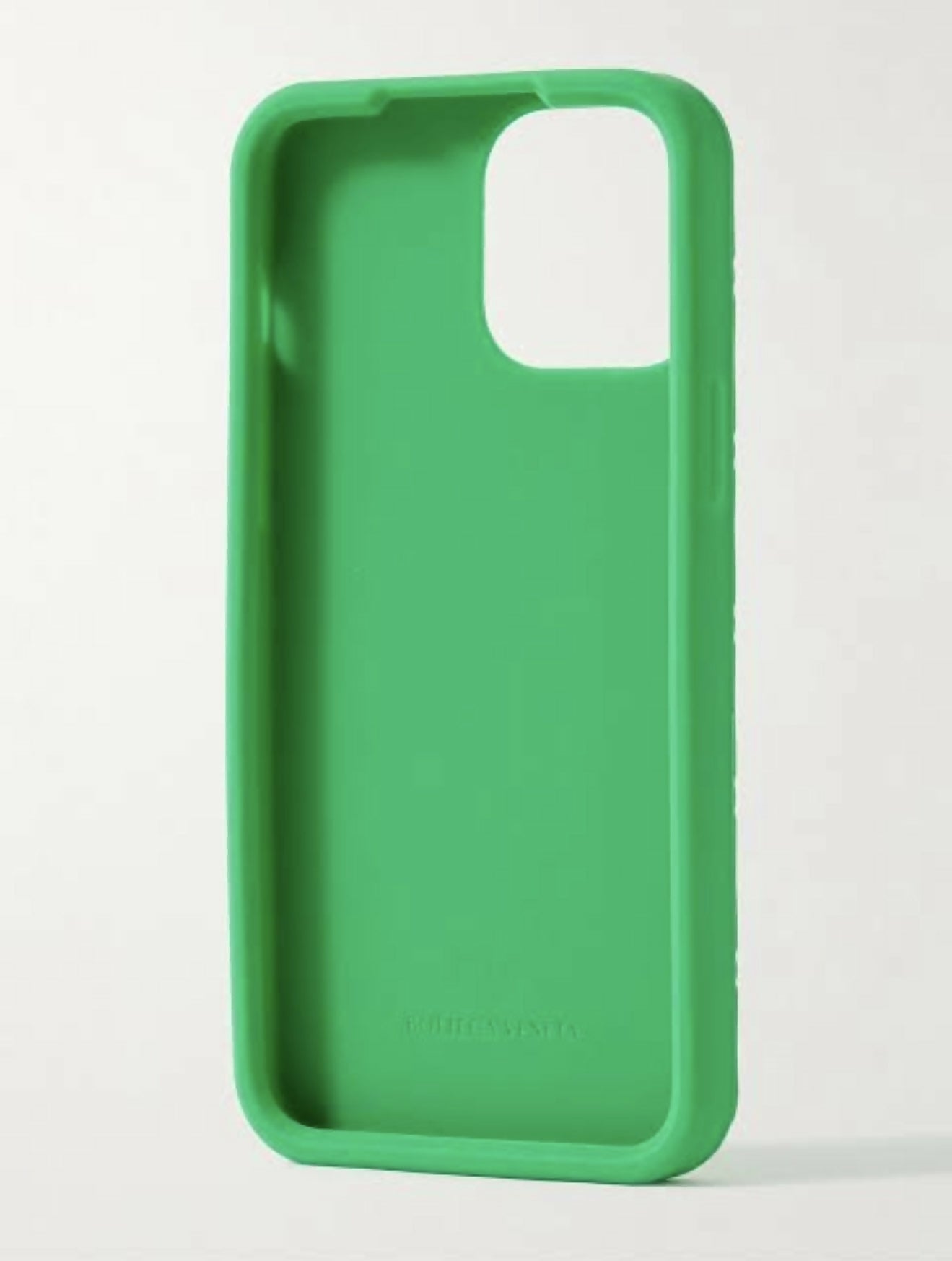 The EXCHANGE STORE Intrecciato Rubber iPhone 13 Pro Max Case in Parakeet Green is displayed upright, showing its designer silicone finish and precise openings for the camera and buttons, set against a plain white background.