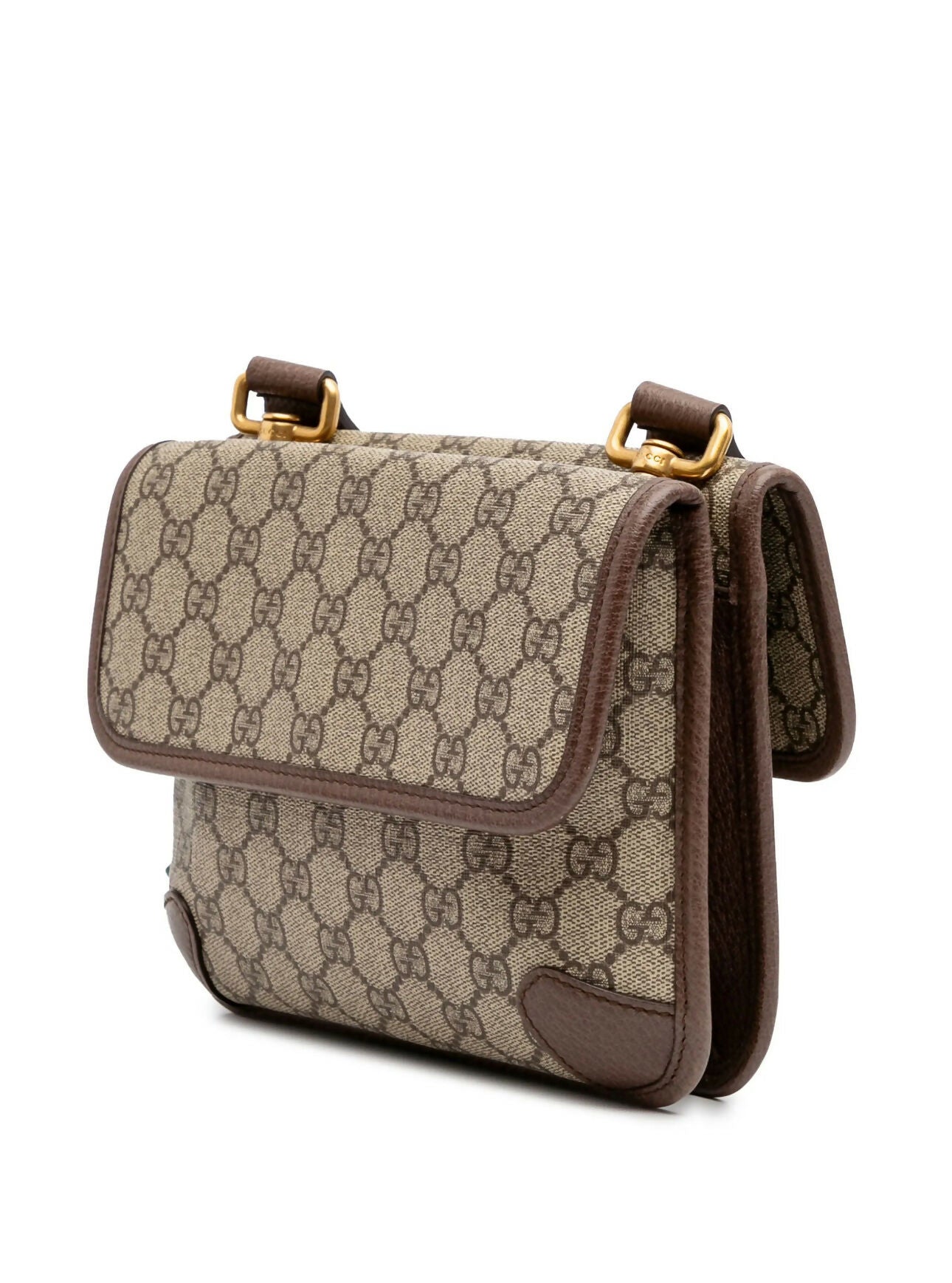 The EXCHANGE STORE Gucci Neo Vintage messenger bag features brown GG monogram, leather trim, gold-tone hardware, classic Web stripe detail, and a flap closure.