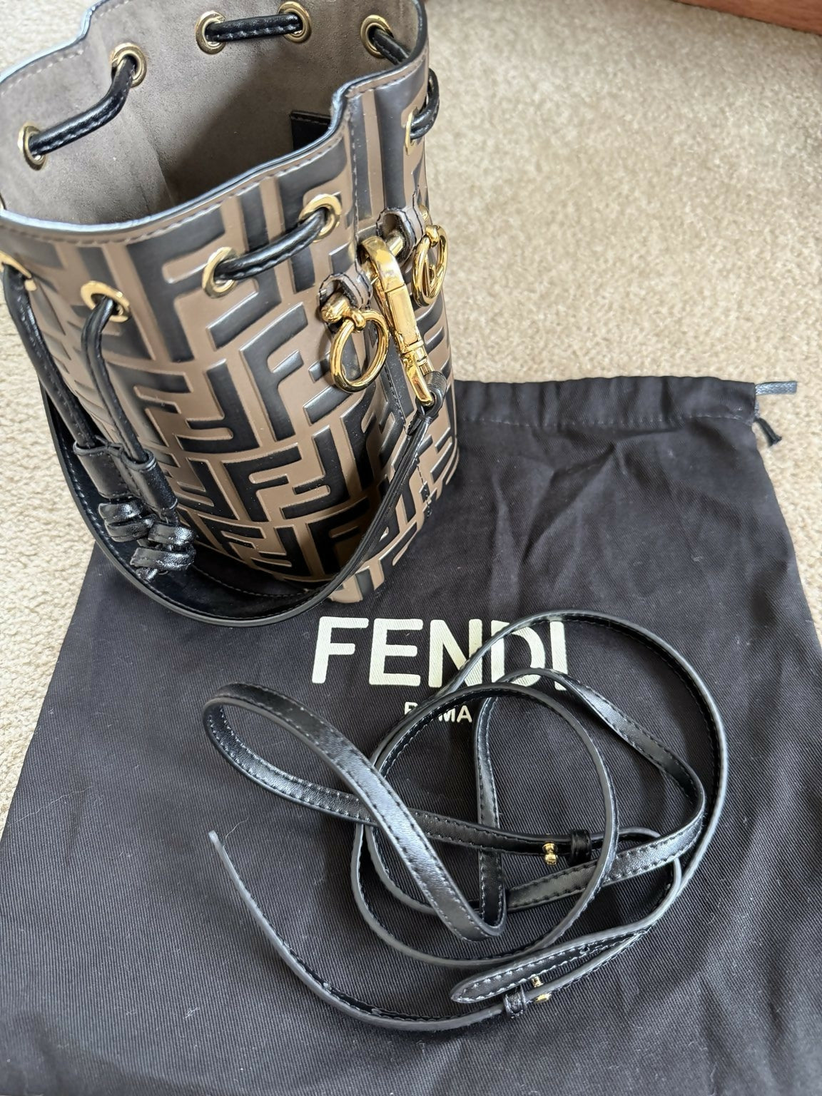 Fendi Mon Tresor Mini FF Embossed Leather Bucket Bag Black/Brown Gold Hardware