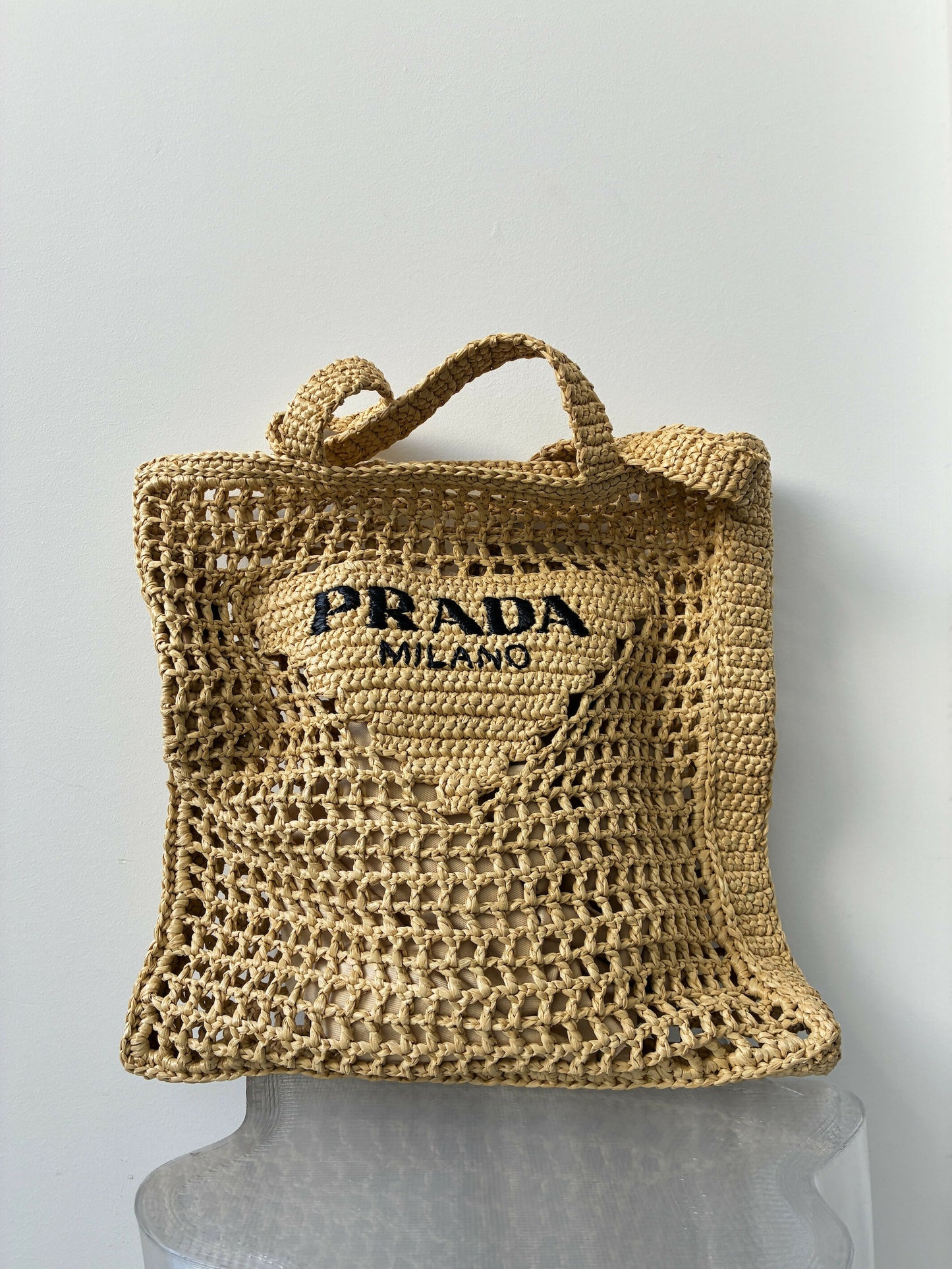 Prada Small Raffia-Effect Crochet Shopper