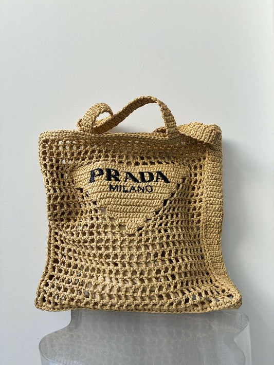 Prada Small Raffia-Effect Crochet Shopper