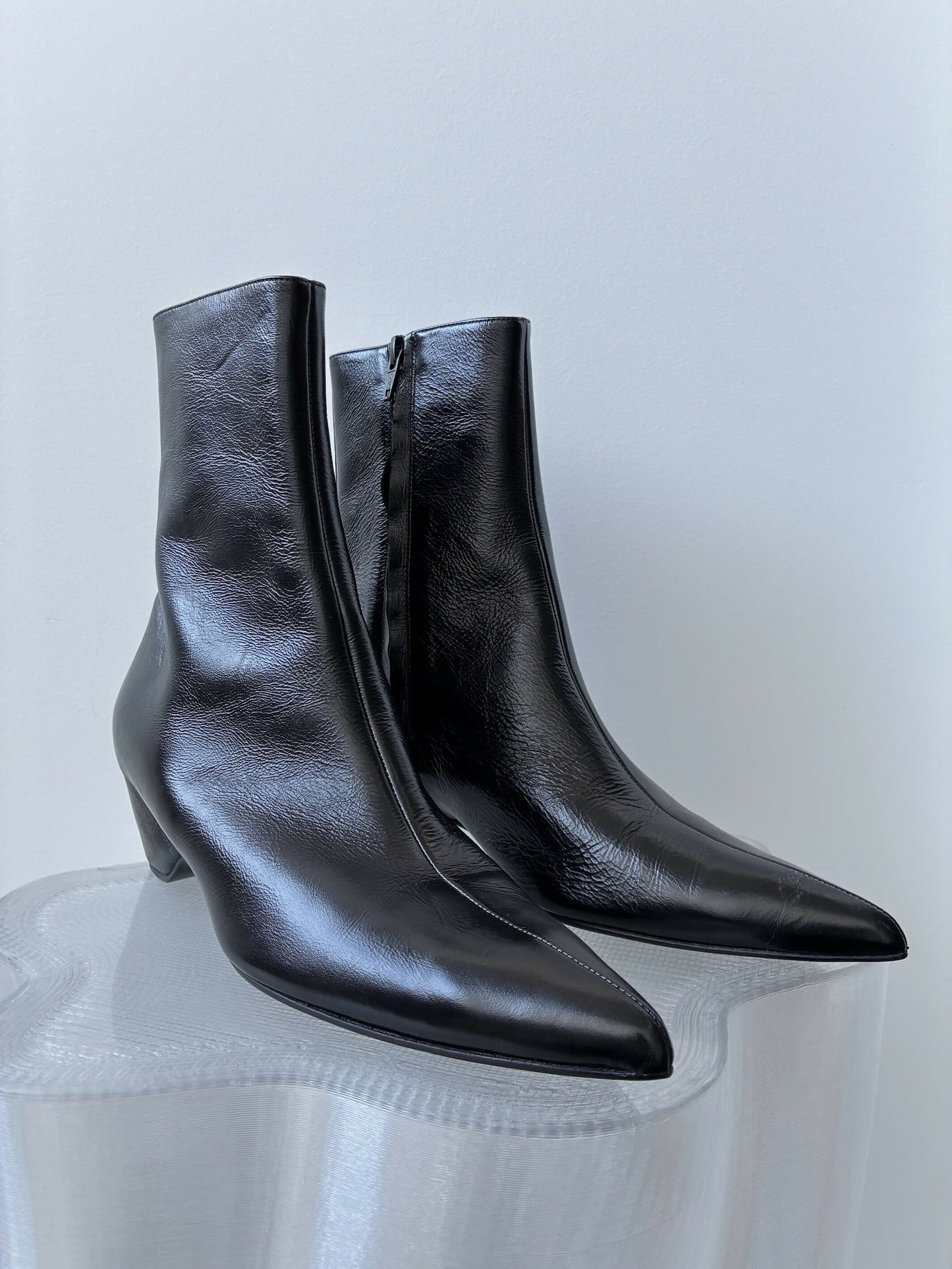 KHAITE Sybil Glossed-Leather Ankle Boots