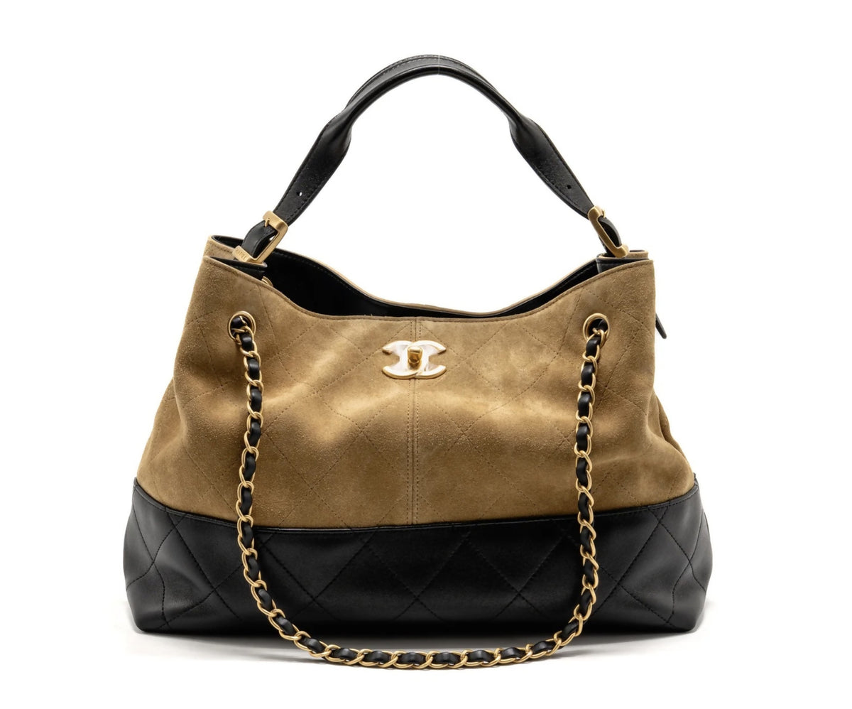 CHANEL Small Shopping Bag Beige Suede / BlackShiny Lambskin
