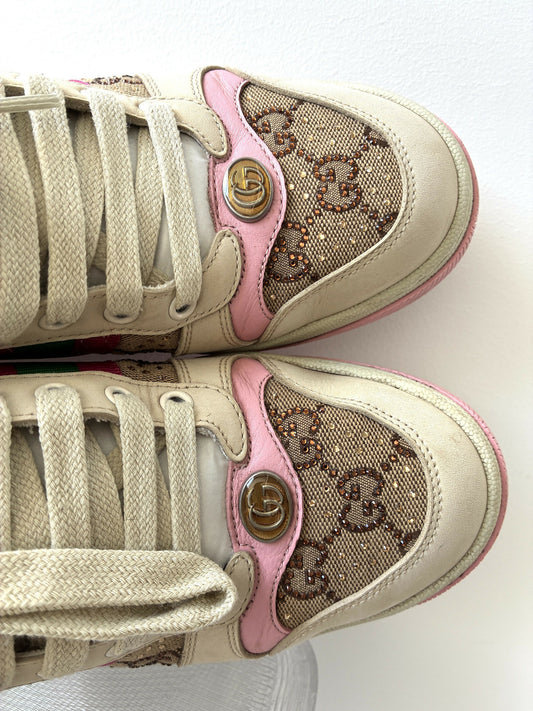 Gucci Women's Screener Off White And Pink Sneakers