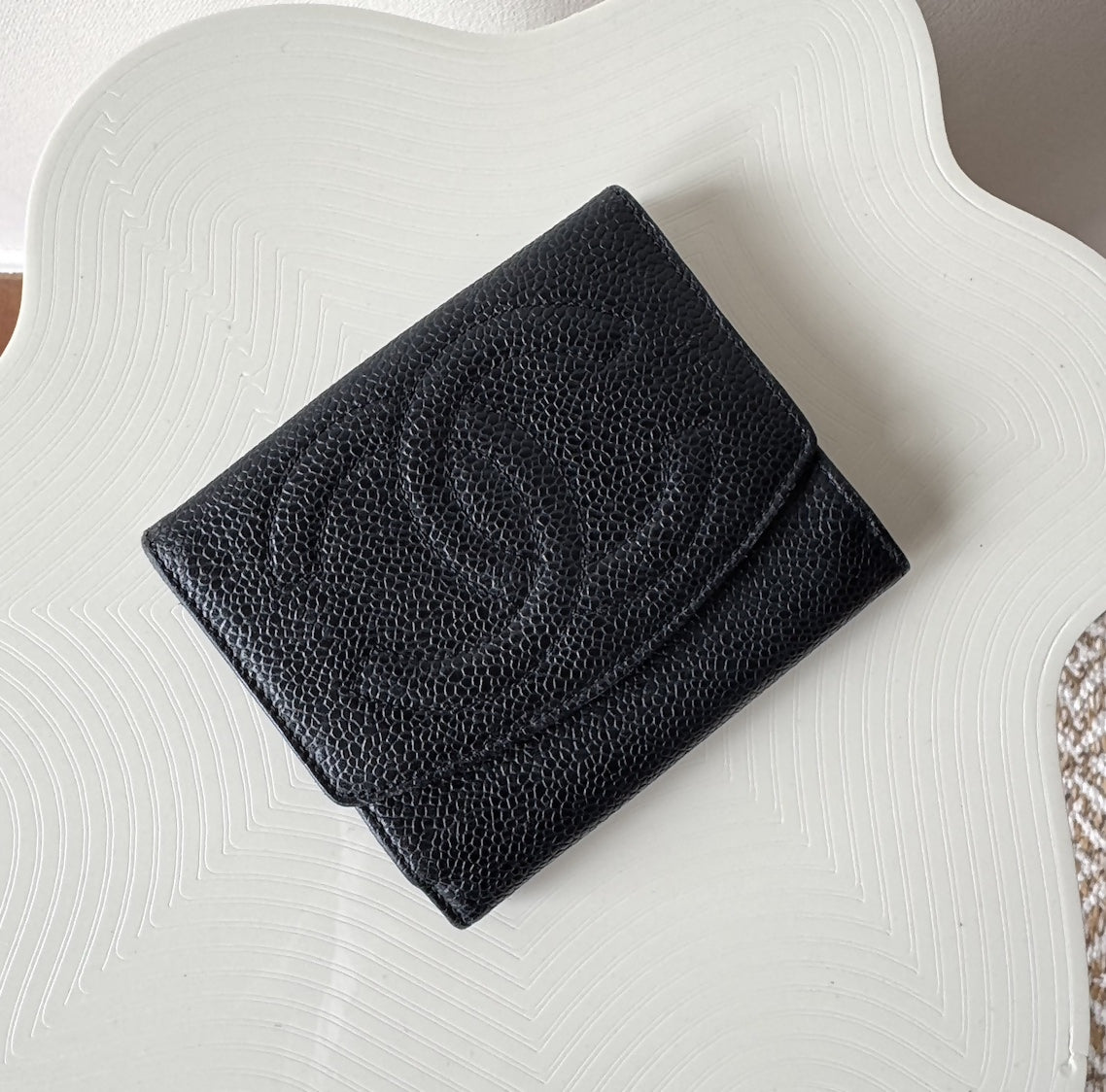 CHANEL Coco Mark Caviar Leather Folded Wallet Black Vintage