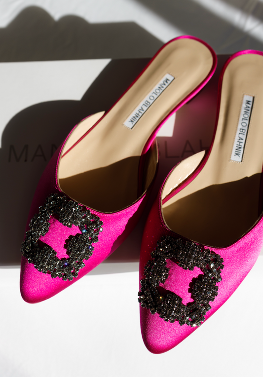 Manolo Blahnik Hangisi Embellished Satin Slippers in pink - FULL SET