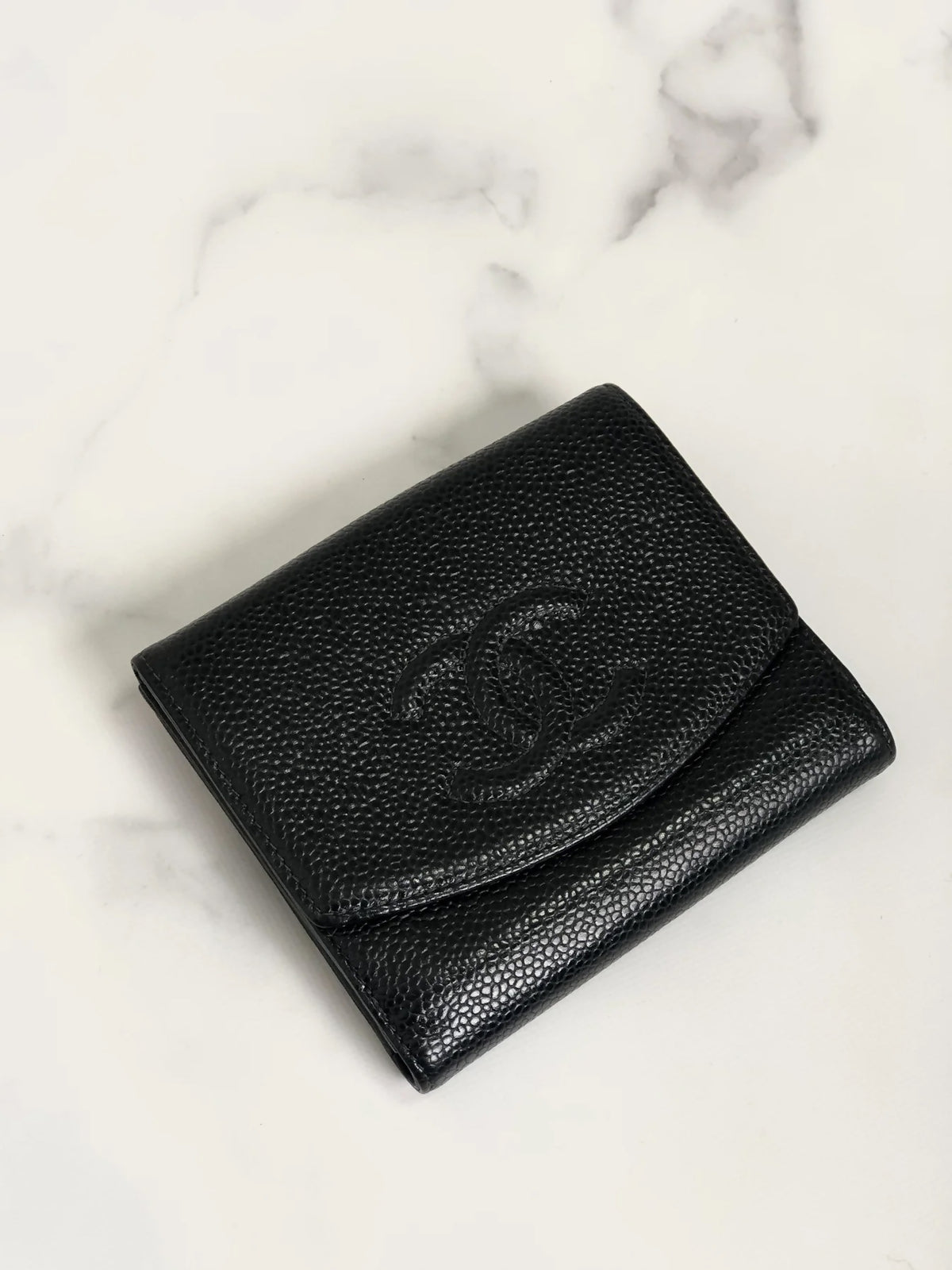 CHANEL Coco Mark Caviar Leather Folded Wallet Black Vintage