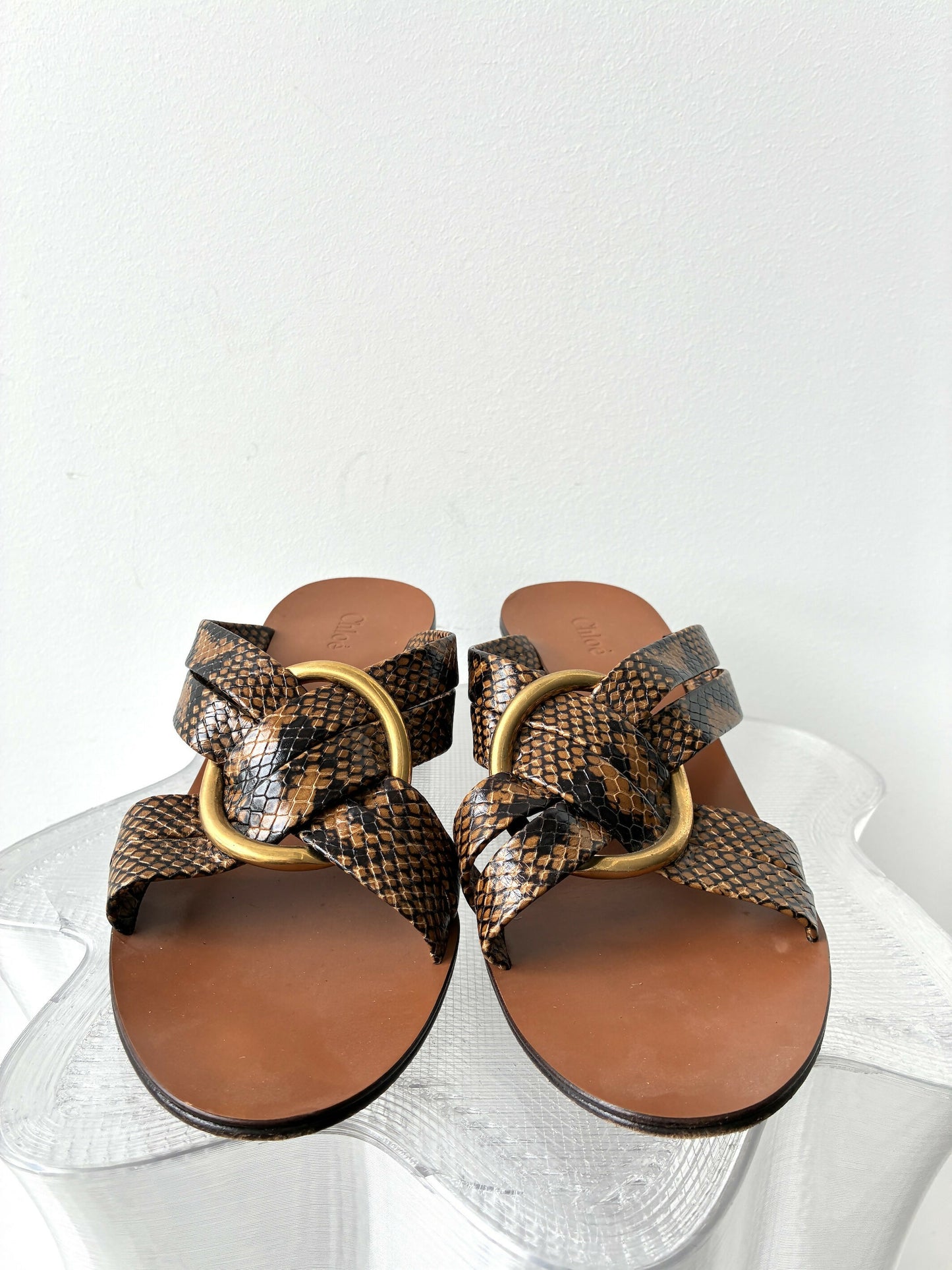 Chloe Rony Snake Print Leather Cross Strap Mules