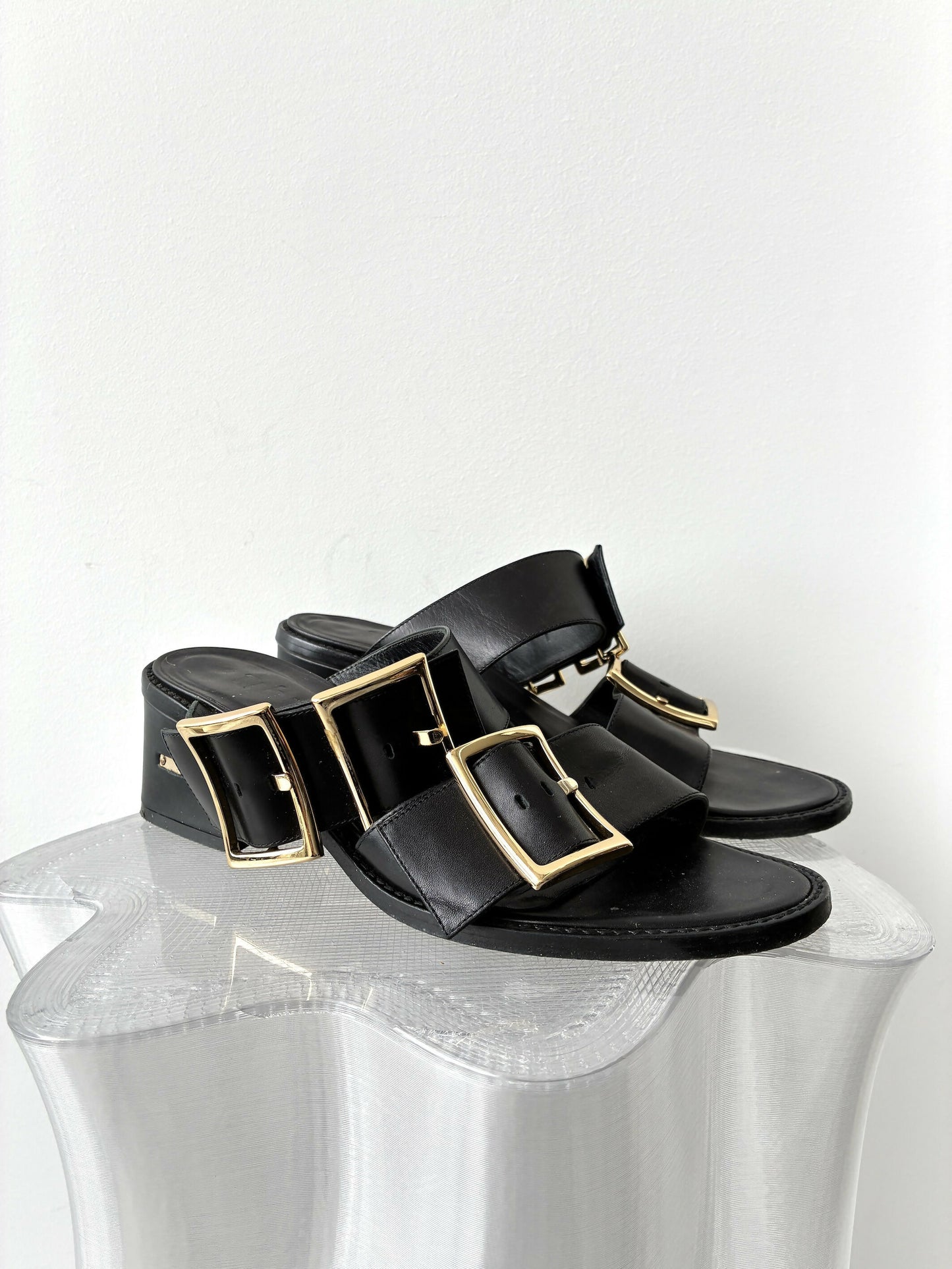 Tibi Big Buckle Leather Heeled Slides
