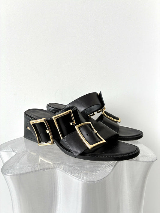 Tibi Big Buckle Leather Heeled Slides
