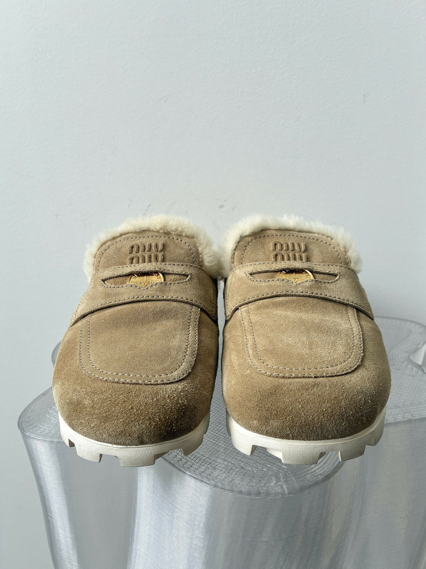 Miu Miu Shearling-Lined Suede Mules
