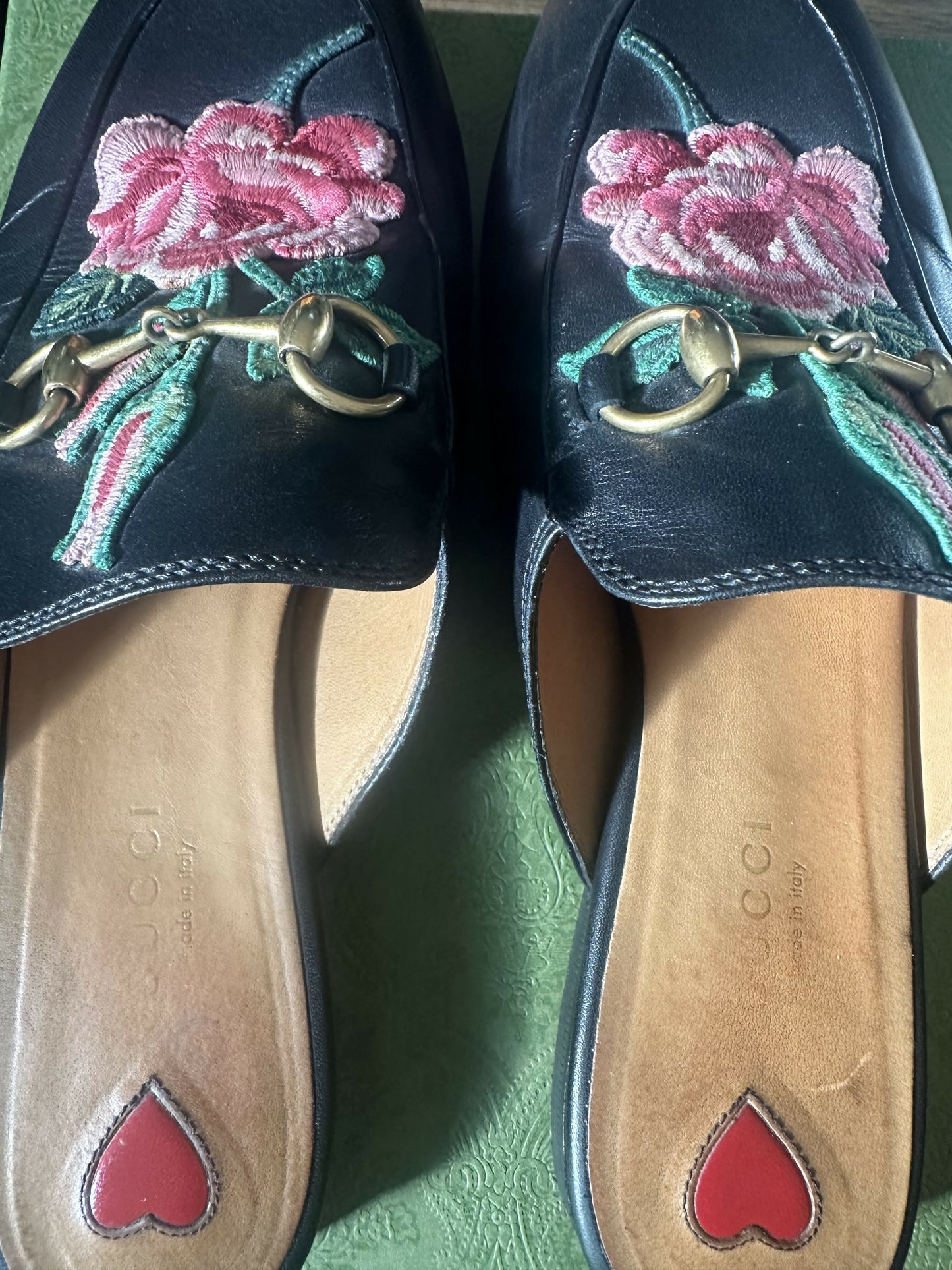 Gucci Princetown Black Leather Rose Flower Mule