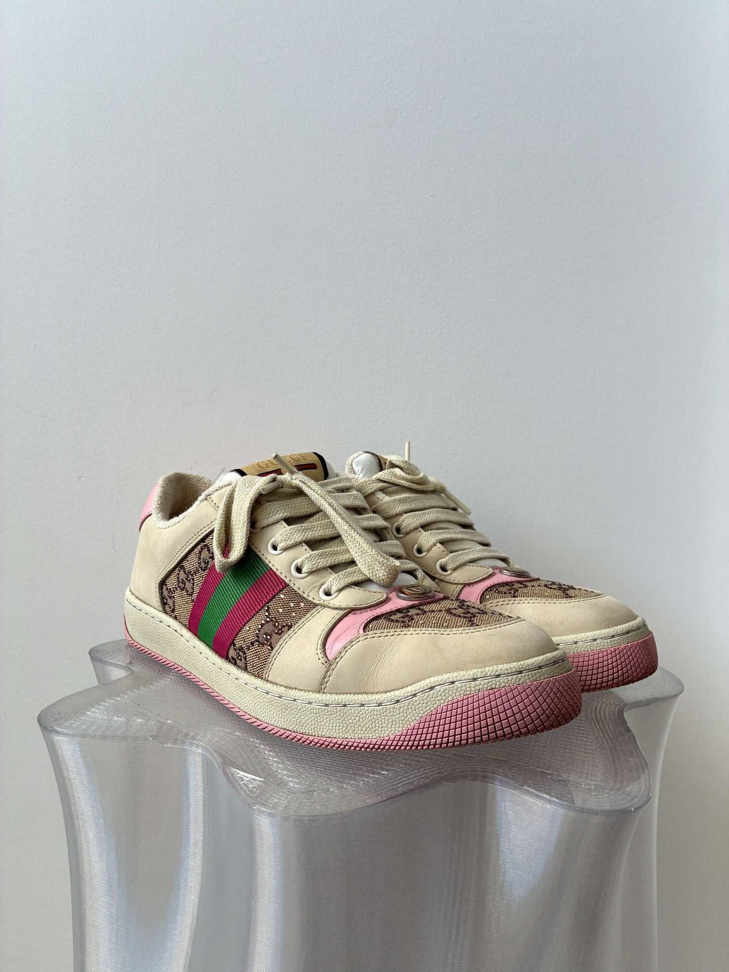 Gucci Women's Screener Off White And Pink Sneakers