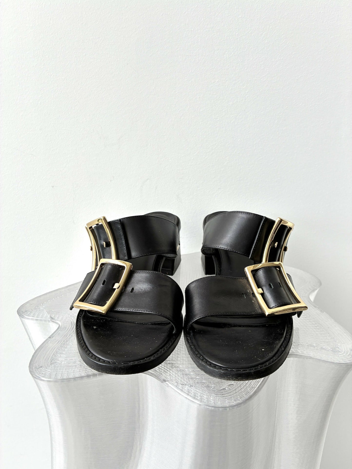Tibi Big Buckle Leather Heeled Slides