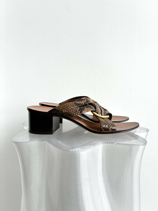 Chloe Rony Snake Print Leather Cross Strap Mules