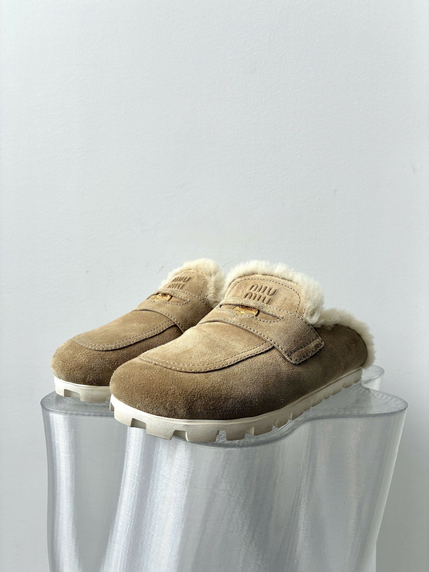 Miu Miu Shearling-Lined Suede Mules