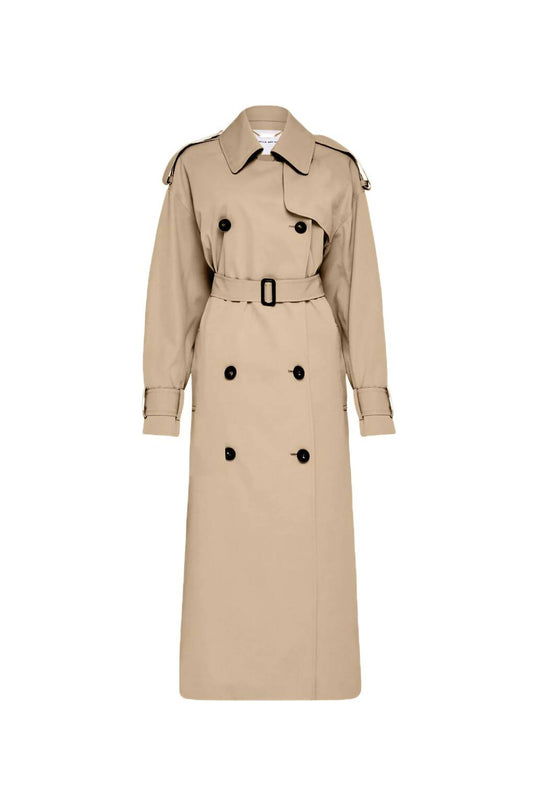 Evans Trench Coat by Camilla & Marc from EXCHANGE in beige, size XS. Worn once and in great condition. Features belted waist, double-breasted black buttons, shoulder epaulets, classic collar, and buttoned cuffs.