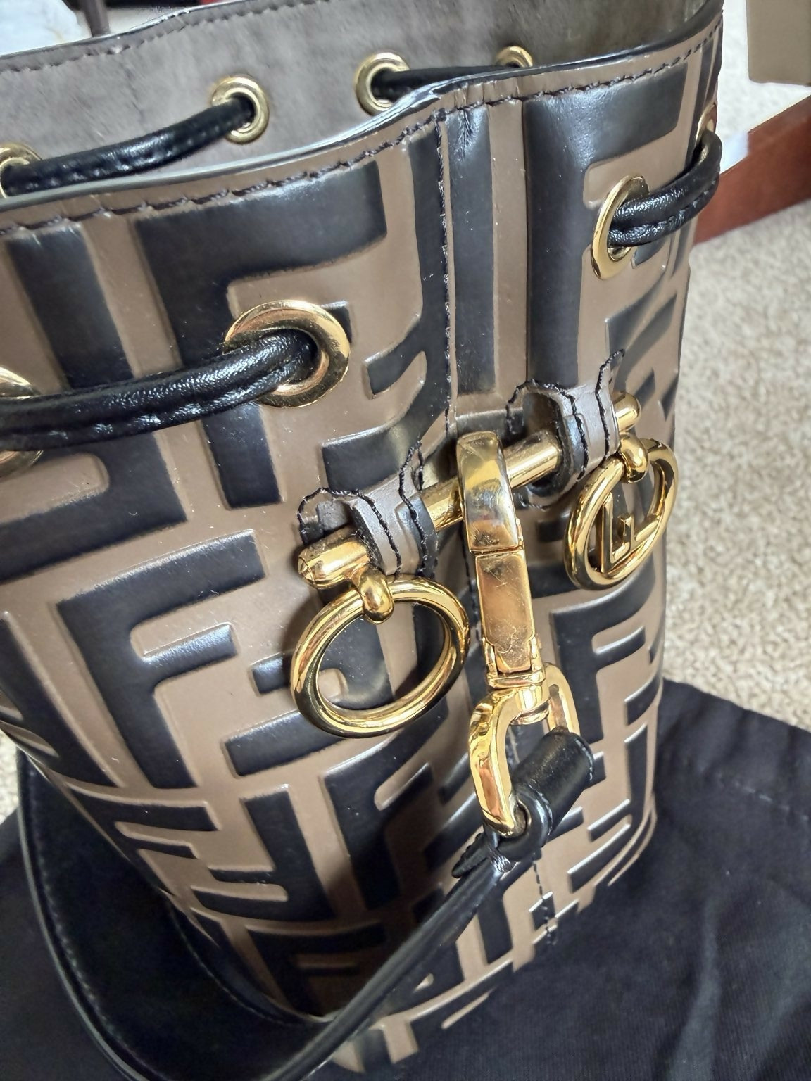 Fendi Mon Tresor Mini FF Embossed Leather Bucket Bag Black/Brown Gold Hardware