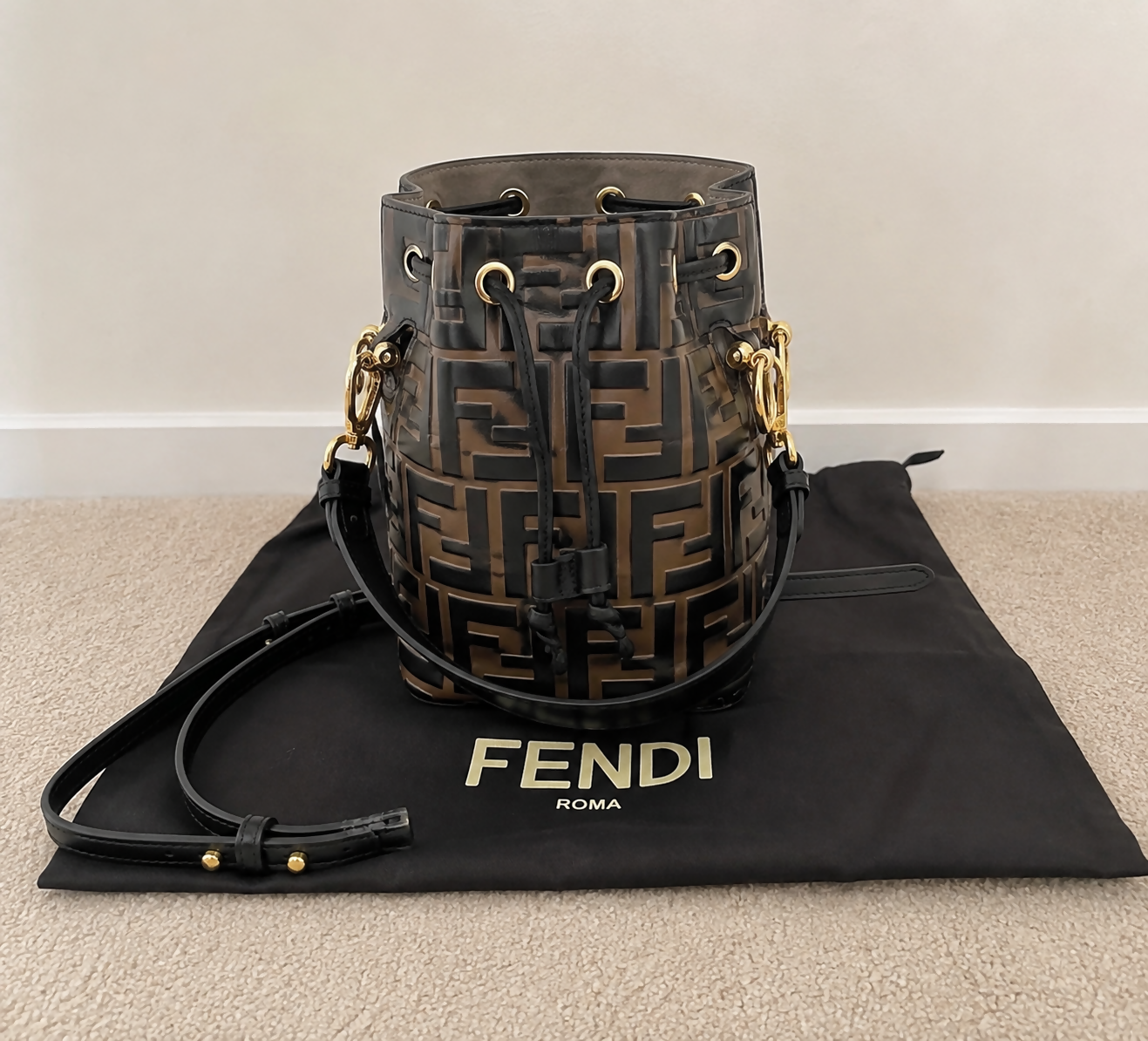 Fendi Mon Tresor Mini FF Embossed Leather Bucket Bag Black/Brown Gold Hardware