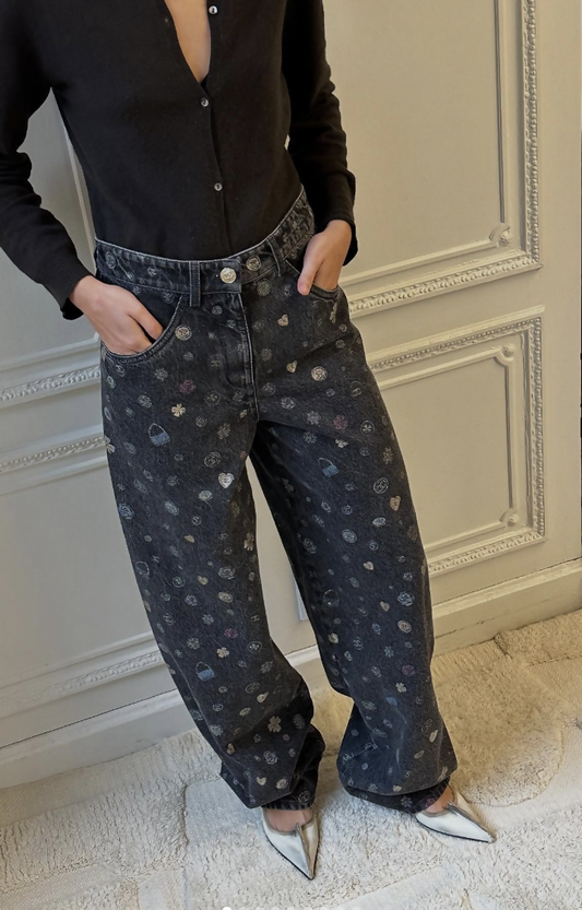 Chanel 25B Grey-black Printed Graffiti Jeans