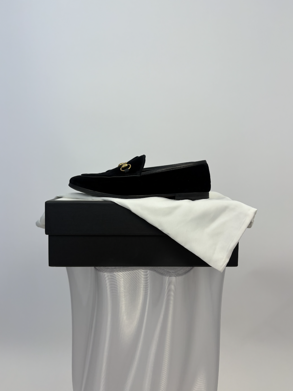 Gucci “Jordaan” Velvet Loafers in Black with Gold Hardware - FULL SET