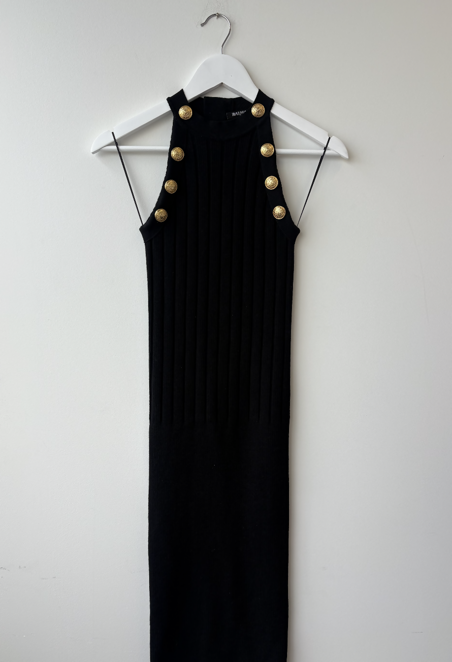 Balmain Gold Button Sleeveless Knit Dress