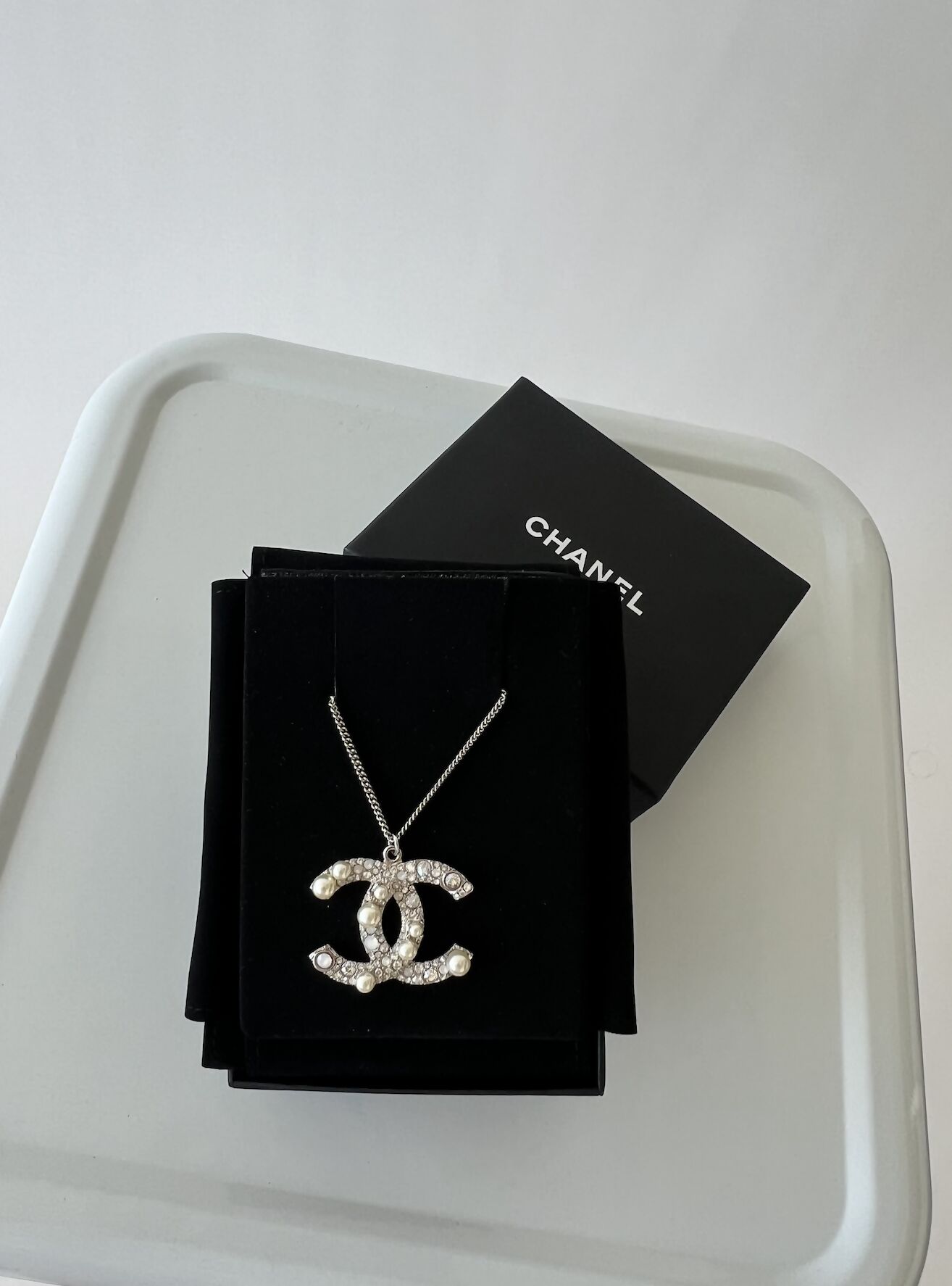 CHANEL Crystal Pearl CC Pendant Necklace Silver